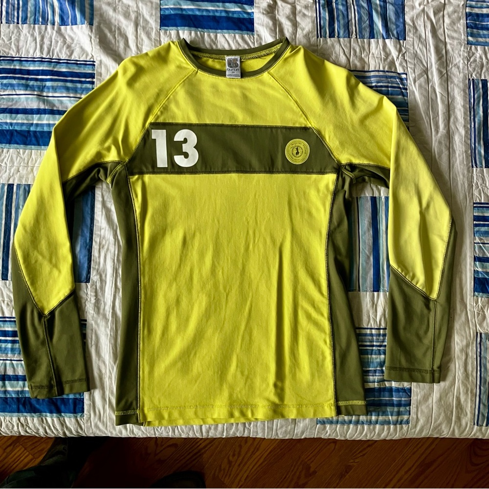 Burton long sleeve/ Helsinki, Finland yellow and olive green stripe/sporty
